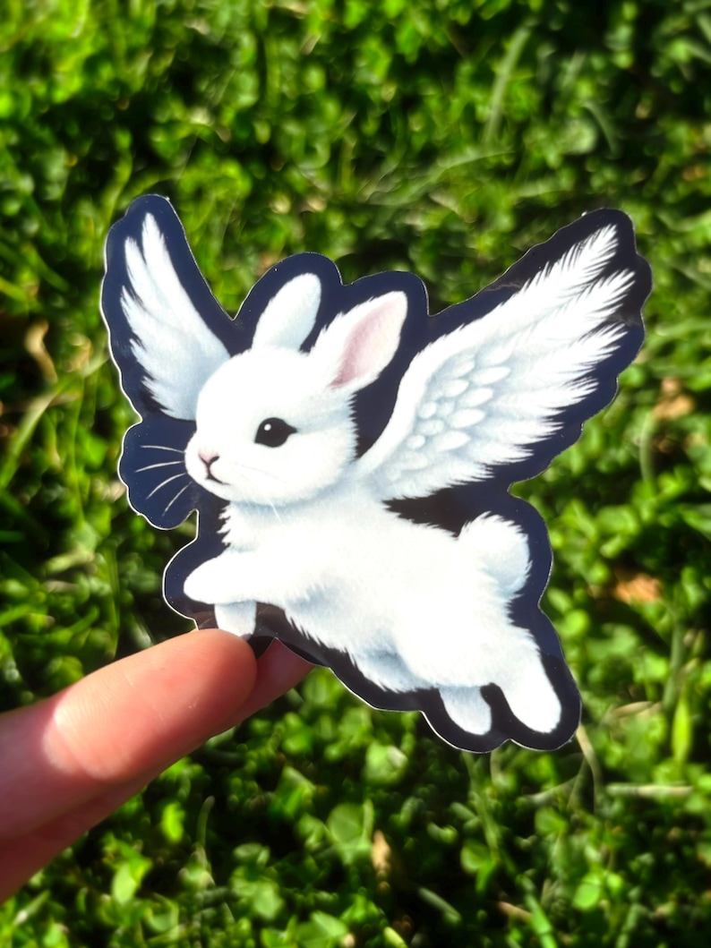 Angel Wings Bunny Sticker - Creepy Cute Bunny Sticker, Weird Cute Rabbit Sticker, Angelic Animal Sticker, Gothic Bunny Vinyl Sticker Glossy