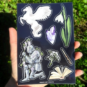 Pegasus Knight Sticker Sheet - Illustrated Dark Fantasy Sticker Sheet, Whimsical Medieval Sticker Sheet, Girl Knight Sticker Sheet image 1