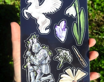 Pegasus Knight Sticker Sheet - Illustrated Dark Fantasy Sticker Sheet, Whimsical Medieval Sticker Sheet, Girl Knight Sticker Sheet