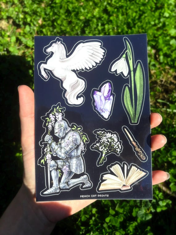 Pegasus Knight Sticker Sheet - Illustrated Dark Fantasy Sticker Sheet, Whimsical Medieval Sticker Sheet, Girl Knight Sticker Sheet