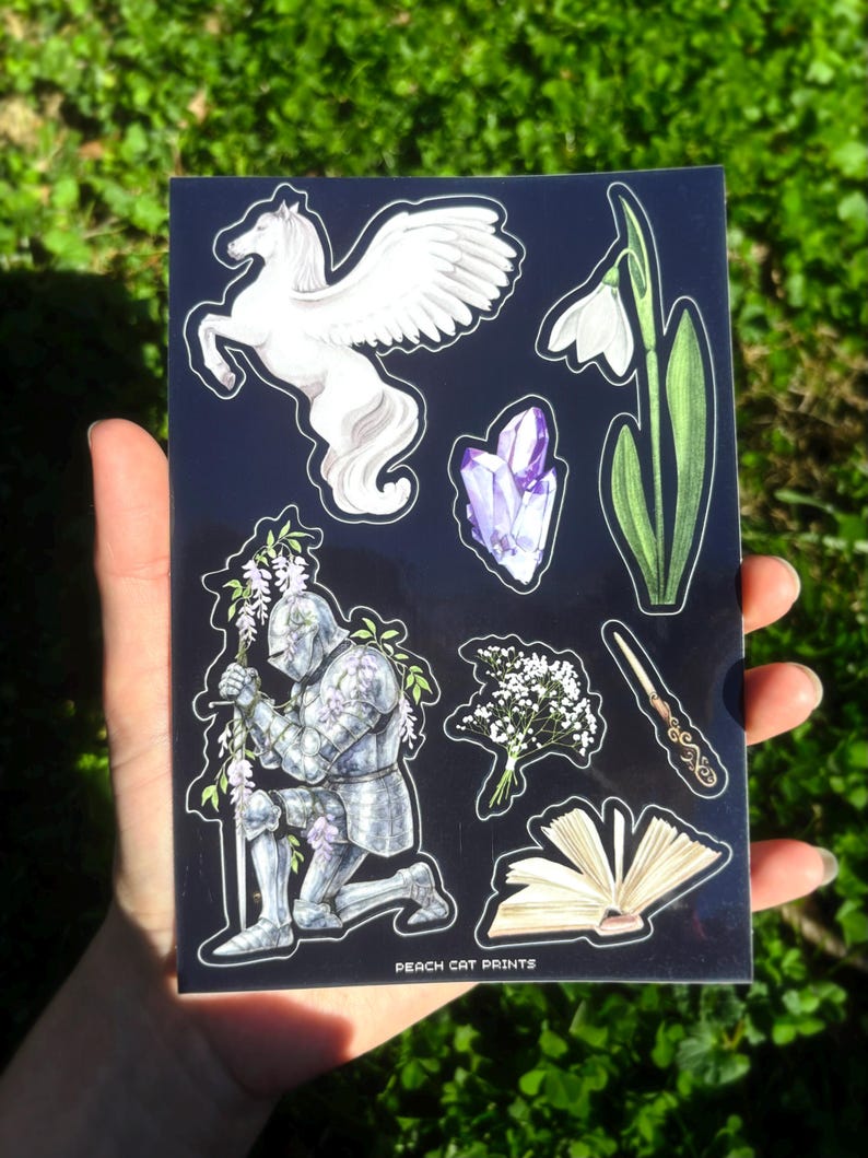 Pegasus Knight Sticker Sheet - Illustrated Dark Fantasy Sticker Sheet, Whimsical Medieval Sticker Sheet, Girl Knight Sticker Sheet image 1