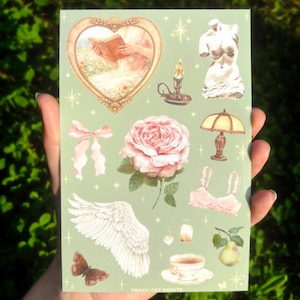 Hoja de pegatinas estilo Cottagecore vintage: pegatinas con estética coqueta, arte romántico femenino y delicado, pegatinas para diarios y agendas. imagen 1