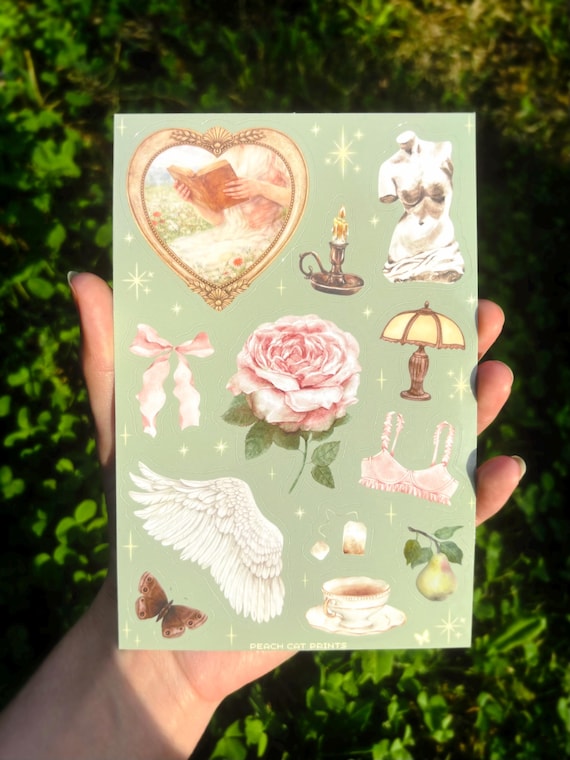 Vintage Cottagecore Sticker Sheet: Coquette Aesthetic Stickers, Soft Feminine Romantic Art, Journal and Planner Stickers