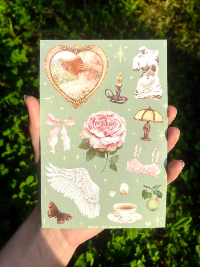 Hoja de pegatinas estilo Cottagecore vintage: pegatinas con estética coqueta, arte romántico femenino y delicado, pegatinas para diarios y agendas. imagen 1