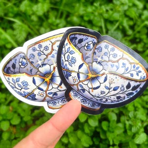 Sticker bol Kintsugi doré - Sticker poterie holographique, jolie oeuvre d'art délicate délicate poterie japonaise, sticker vinyle bol assez scintillant