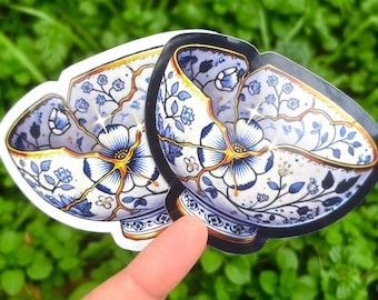 Guldfärgad Kintsugi-skålklistermärke - Holografiskt keramikklistermärke, sött, nätt gyllene japanskt keramikkonstverk, fin glittrig skålvinyldekal