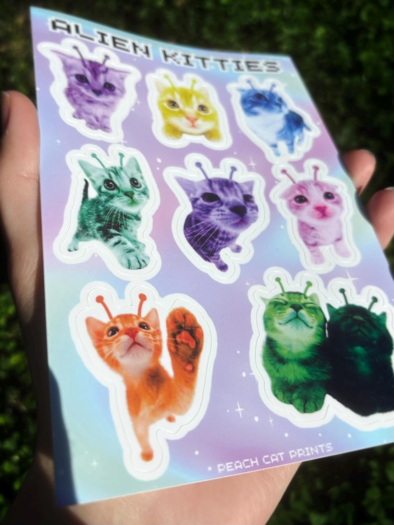 Alien Cat Sticker Sheet - Alien Animal Sticker Sheet, Kawaii Alien Kitty Sticker Sheet, Kittyycore Vinyl Decal Sheet, Cute Cat Sticker Sheet image 2