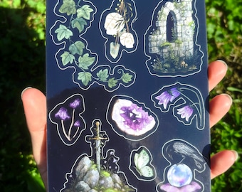Sword in the Stone Sticker Sheet - Dark Illustrated Sticker Sheet, Eclectic Sticker Sheet, Aesthetic Filler Stickers, Medieval Sticker Sheet