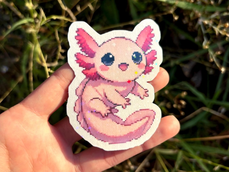 Cute Axolotl Sticker Two Pack - Cosmic Axolotl Sticker, Kawaii Pastel Pink Axolotl Sticker, Space Salamader Vinyl Decal 2 Set Pink (Holographic)