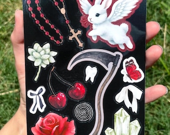 Angel Wing Bunny Illustrated Vinyl Sticker Sheet - Dark Sticker Sheet, Eclectic Sticker Sheet, Aesthetic Filler Stickers, Weird Girl Sticker