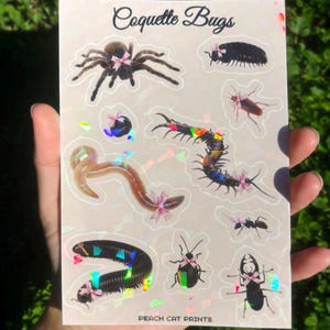 Coquette Bugs Sticker Sheet - Creepy Cute Insect Sticker Sheet, Cute Sticker Sheet, Kawaii Sticker Sheet, Cutesy Sticker, Centipede Sticker Holographic