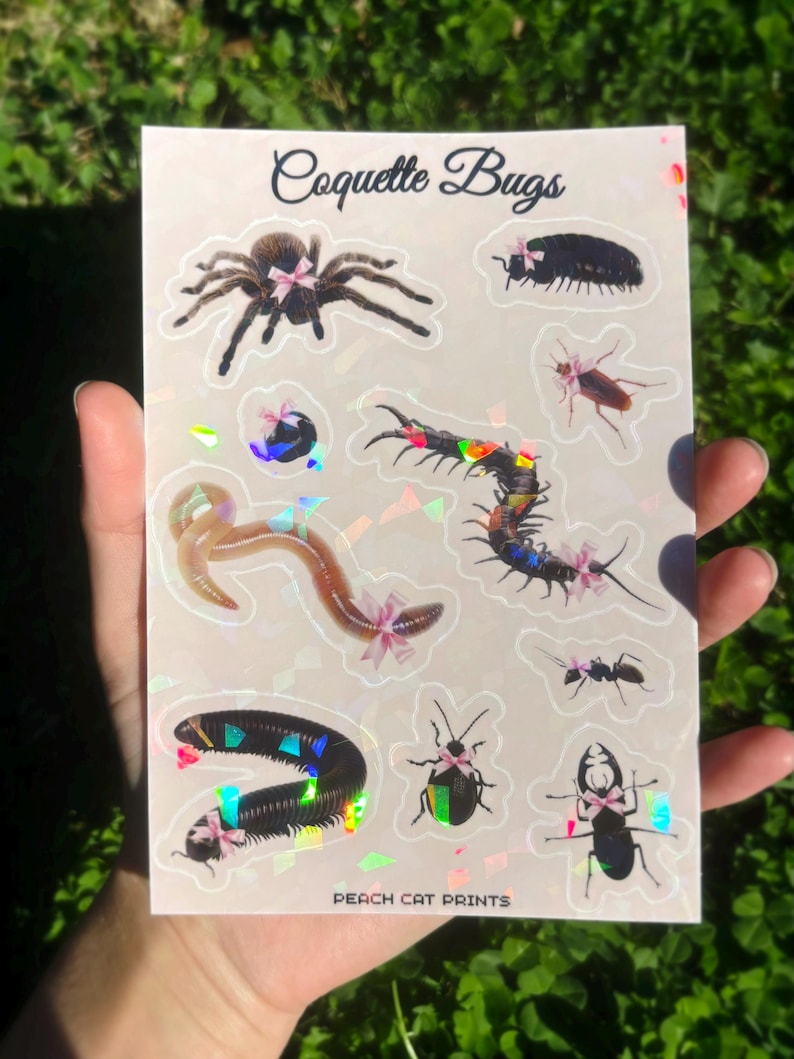 Coquette Bugs Sticker Sheet - Creepy Cute Insect Sticker Sheet, Cute Sticker Sheet, Kawaii Sticker Sheet, Cutesy Sticker, Centipede Sticker Holographic