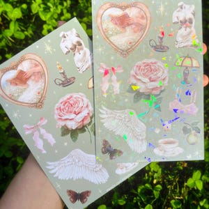 Hoja de pegatinas estilo Cottagecore vintage: pegatinas con estética coqueta, arte romántico femenino y delicado, pegatinas para diarios y agendas. imagen 5