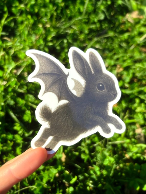 Bat Wings Bunny Sticker - Creepy Cute Bunny Sticker, Weird Cute Rabbit Sticker, Goth Animal Sticker, Gothic Bunny Vinyl Sticker