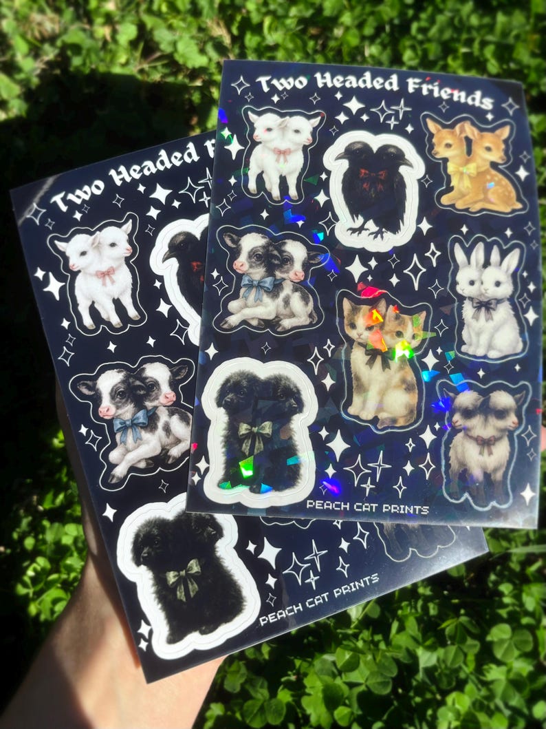 Two Headed Animals Sticker Sheet - Creepy Cute Sticker Sheet, Weird Animal Sticker Sheet, Kawaii Horror Sticker Double Headed Animal Sticker image 5