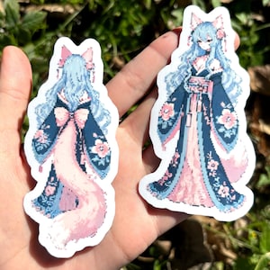 Lot de 2 autocollants japonais kitsune fille - lot de deux autocollants Foxy Anime Waifu, joli autocollant Neko chat fille renard holographique renard anime rêve fille