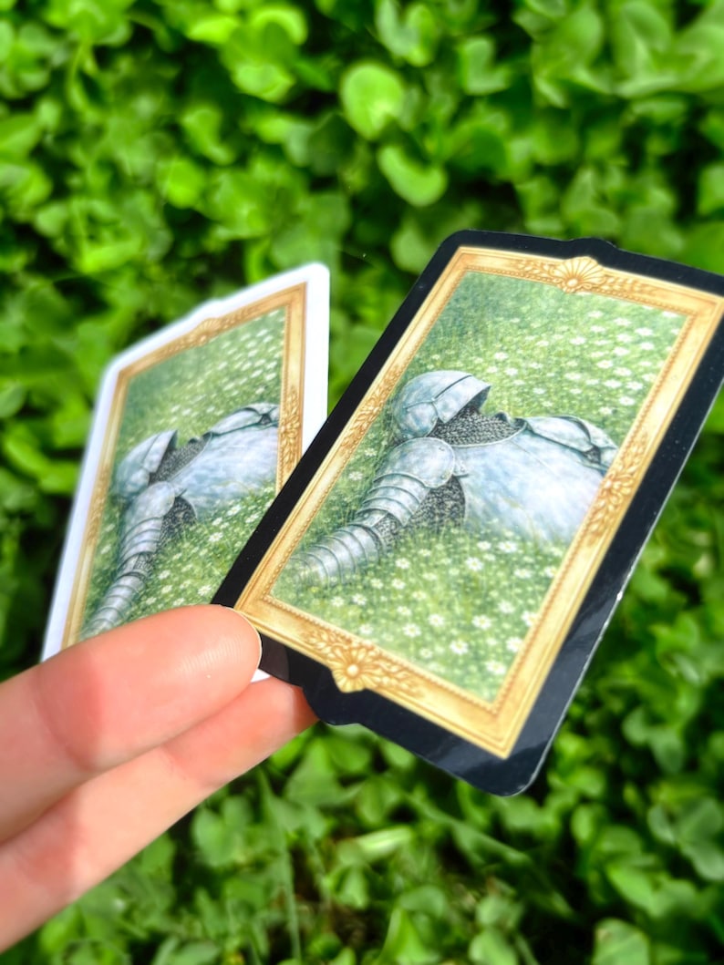 Puede incluir: Dos tarjetas rectangulares con marco dorado y borde negro. Las tarjetas presentan una ilustraci&oacute;n de una armadura tendida en un campo de flores blancas. El fondo es verde borroso.