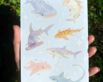 Cute Shark Sticker Sheet - Mini Shark Stickers, Ocean Stickers, Marine Animal Sticker Sheet, Whale Shark Stickers, Thresher Shark Decal
