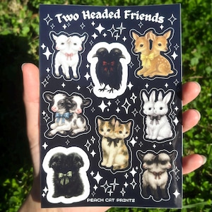 Two Headed Animals Sticker Sheet - Creepy Cute Sticker Sheet, Weird Animal Sticker Sheet, Kawaii Horror Sticker Double Headed Animal Sticker