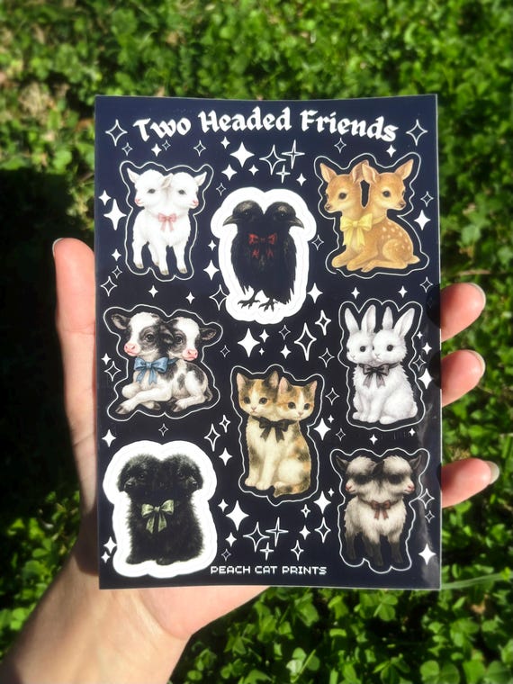 Two Headed Animals Sticker Sheet - Creepy Cute Sticker Sheet, Weird Animal Sticker Sheet, Kawaii Horror Sticker Double Headed Animal Sticker