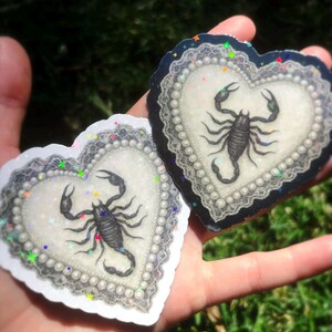 Pu&ograve; includere: Due adesivi a forma di cuore con un disegno di scorpione nero. Gli adesivi hanno uno sfondo bianco con un bordo di perle e pizzo. Uno ha un bordo nero, l'altro un bordo bianco. Entrambi hanno un effetto glitter olografico.