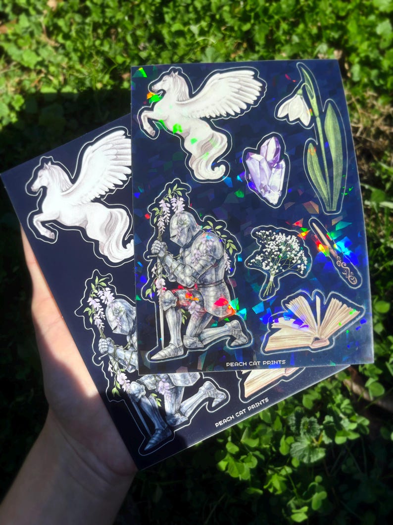 Pegasus Knight Sticker Sheet - Illustrated Dark Fantasy Sticker Sheet, Whimsical Medieval Sticker Sheet, Girl Knight Sticker Sheet image 5