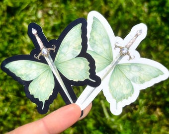 Pegatina de espada mariposa salvia: estética de daga fantástica, mariposa verde Fairycore, arte etéreo de la naturaleza, calcomanía Cottagecore