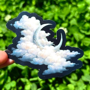 Pegatina de Luna Soñadora: Arte de Luna Creciente, Pegatina Celestial, Calcomanía de Nubes Bonitas, Cielo Nocturno Cottagecore, Pegatina de Fantasía Suave