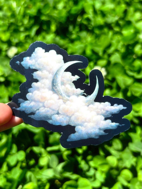 Dreamy Moon Sticker: Crescent Moon Art, Celestial Sticker, Pretty Clouds Decal, Cottagecore Night Sky, Soft Fantasy Sticker