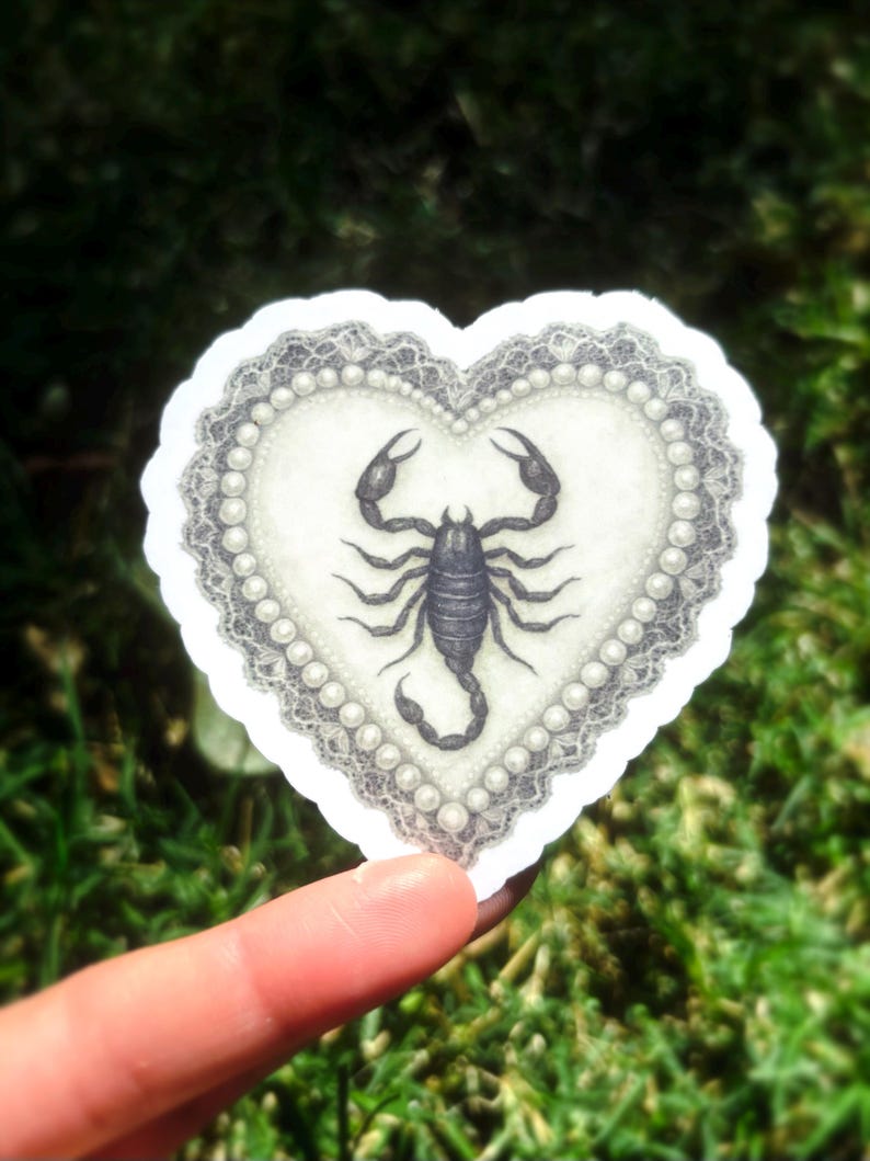 Pu&ograve; includere: Un adesivo a forma di cuore con un'illustrazione dettagliata di uno scorpione. Lo scorpione &egrave; centrato all'interno di un cuore bianco, circondato da un bordo di perle e un delicato bordo di pizzo. L'adesivo &egrave; tenuto su uno sfondo di erba verde.