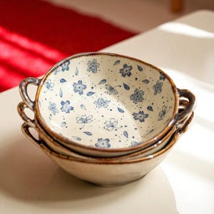 Artisan Japanese Ceramic Soup Bowl – Handcrafted Floral Pottery with Handles | Ramen, Noodles & More