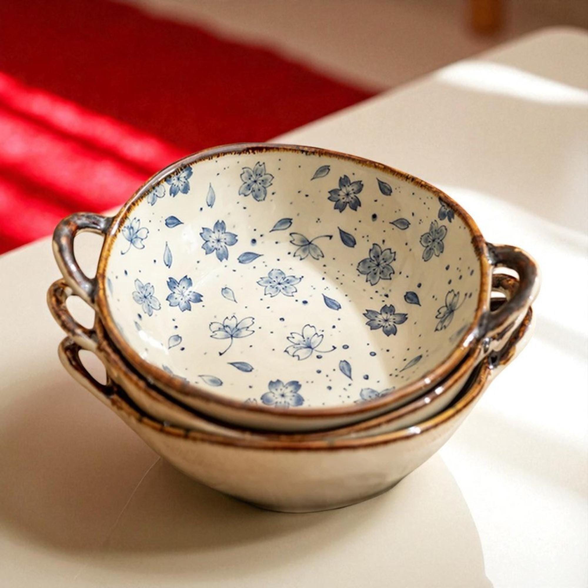 Artisan Japanese Ceramic Soup Bowl – Handcrafted Floral Pottery with Handles | Ramen, Noodles & More