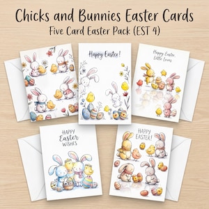 May include: Five Easter greeting cards featuring bunnies, chicks, and decorated eggs. Each card has a unique design with the words "Happy Easter" or "Happy Easter Wishes". The cards are packaged with white envelopes.