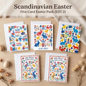 May include: A pack of five Scandinavian Easter greeting cards. Each card features colorful folk art designs with bunnies, chicks, and Easter eggs. The cards have white envelopes and are arranged on a wooden surface.
