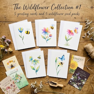 The Wildflower Collection: Vol. 1 (SPR 1)– 5 Watercolor Art Print Greeting Cards & Pollinator Seed Packets – Spring Garden Gift Set