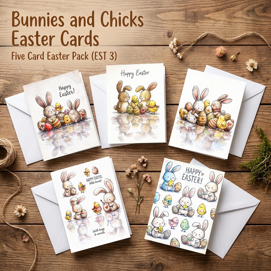 Watercolor Easter Greeting Cards Set (EST 3) - Whimsical Bunny and ...