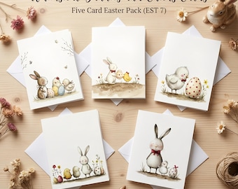 Whimsical Bunny and Chick Cards (EST 7) Watercolor Easter Greeting Cards