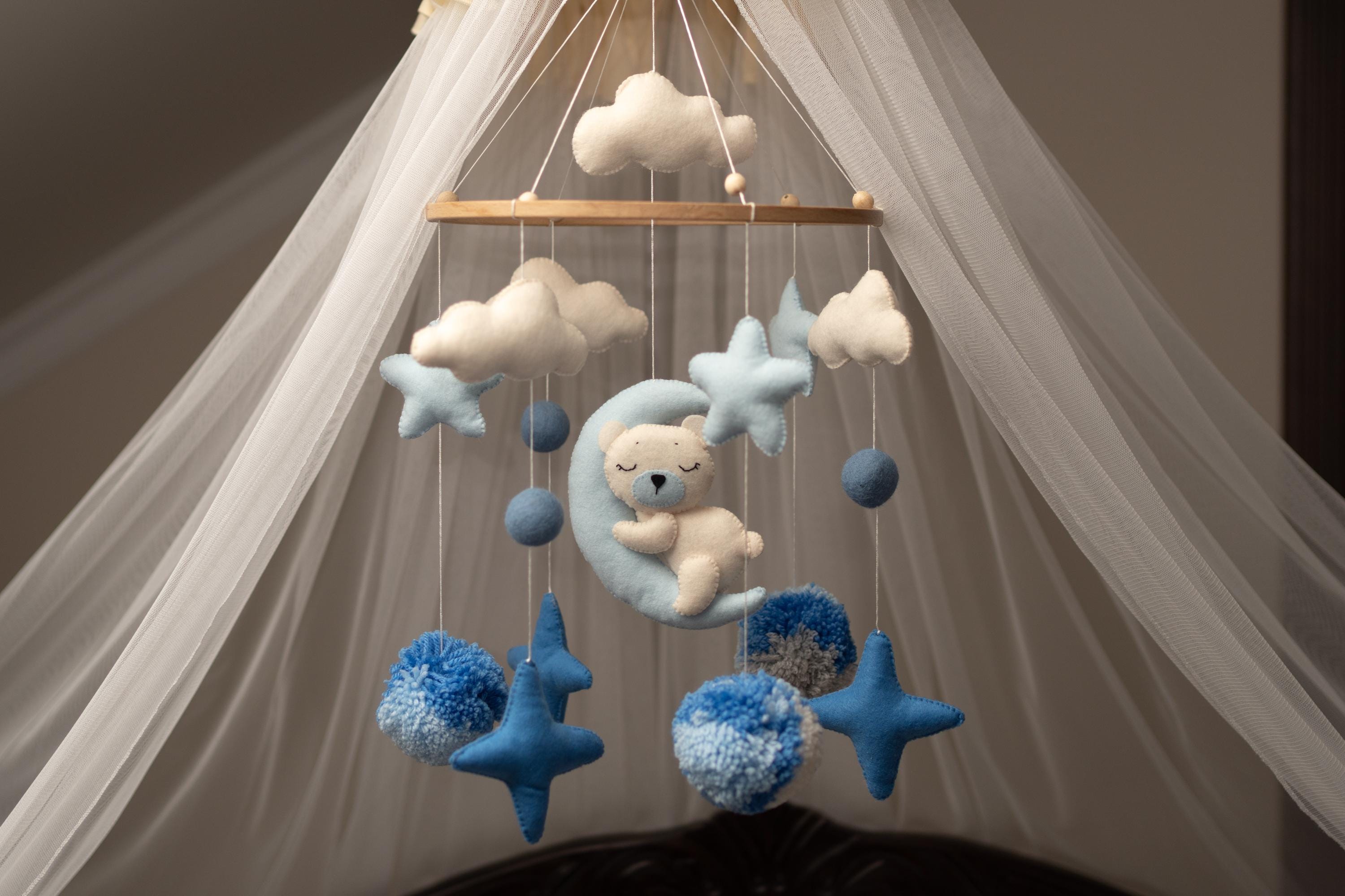 Felt Baby Mobile, Sleeping Bear on Moon, Nursery Decor