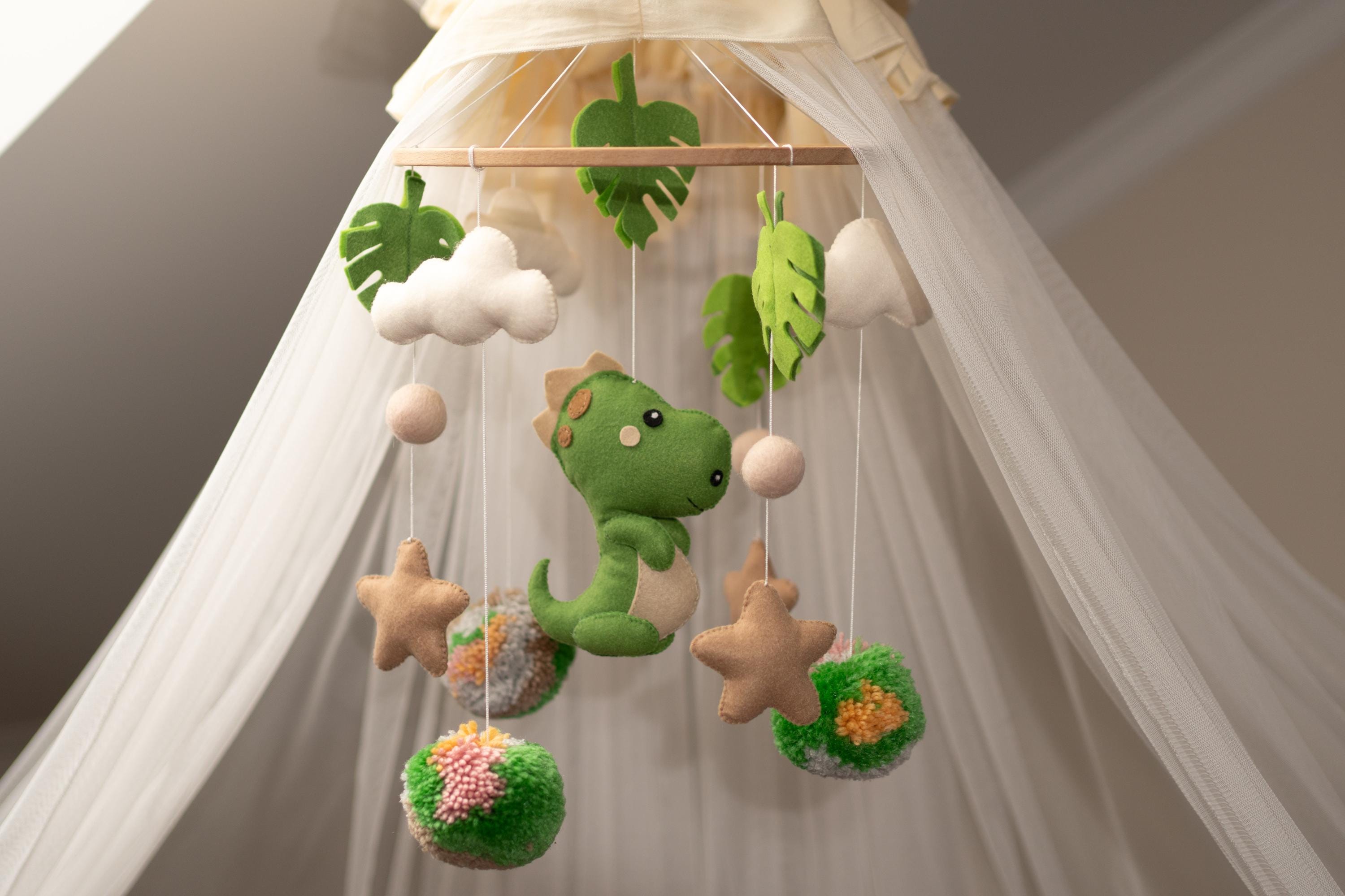 Felt Dinosaur Baby Mobile, Green Dino Nursery Decor