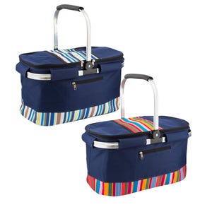 May include: Two rectangular insulated picnic baskets with navy blue fabric bodies, silver aluminium frames, and black padded handles. Each basket features a zipped lid with a vertical striped panel and a matching striped base with a front zip pocket.
