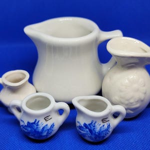 5 Pitchers Restaurant Creamer Vntg Pottery 2" Floral Mini Chamber Pot Doll Furn