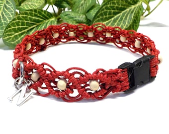 Macrame Red Cotton Cat or Small Dog Pig Hamster Collar, Handmade Boho Kitten Collar, Breakaway Clasp, Personalized Pets Monogram Charm