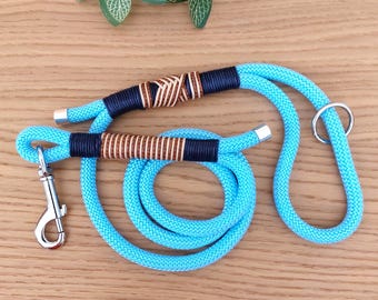 Blue Rope Dog Leash, Durable Lightweight Dog Lead with Colored Macrame Details, Snap Hook Pet Leash