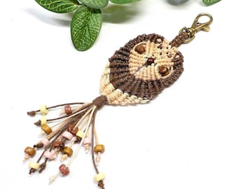 Macrame Owl Keychain, Bag Accessory, Backpack Purse Charm, Brown Owl Keychain, Boho Wedding Favors, Hippie Key Fob, Back to School Gift