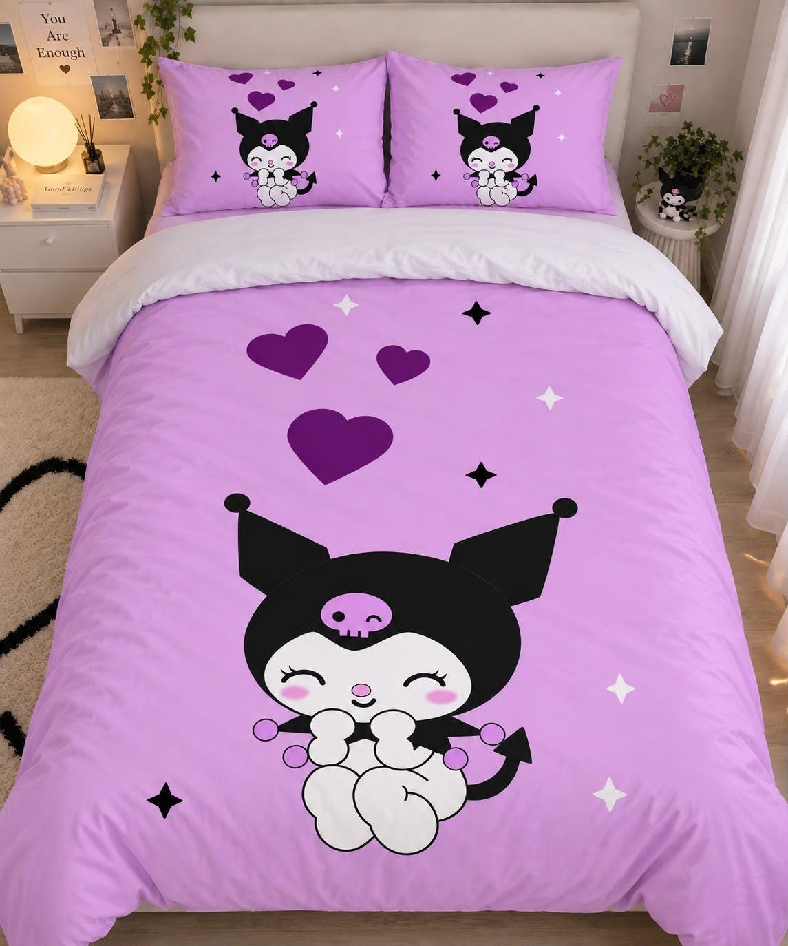 Kuromi Duvet Cover Set, Sanrio Bedding, Kawaii Purple Bedroom