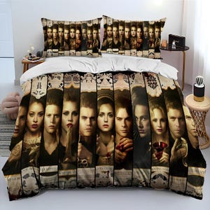 May include: A bedding set featuring a vintage-style design with a collage of characters from a popular television series. The characters are depicted in a dark, dramatic style with a gothic aesthetic. The bedding set includes a duvet cover and two pillowcases.