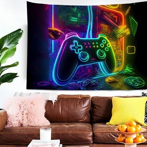 ゲームネオン壁タペストリー、ゲーム壁掛け、カスタムタペストリー、ビデオゲーマープレイルーム、ジョイスティック壁タペストリー