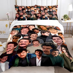 May include: A white duvet cover with a collage of images of a man with a mustache and beard. The images are arranged in a grid pattern and are all in color. The duvet cover is made of soft, comfortable fabric and is perfect for any bedroom.