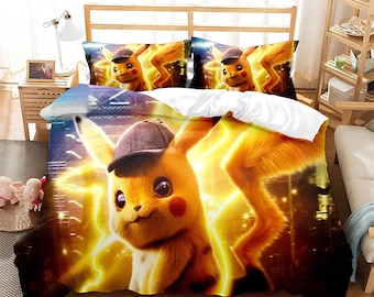 ピカチュウ掛け布団カバー、ポケモン寝具、アニメ柄ルームリネン、子供
