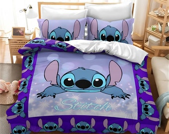 Lilo and Stitch Blue Duvet Cover Set, Cartoon Bedroom Decor, Queen Size
